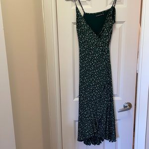 Green and white flower print wrap dress